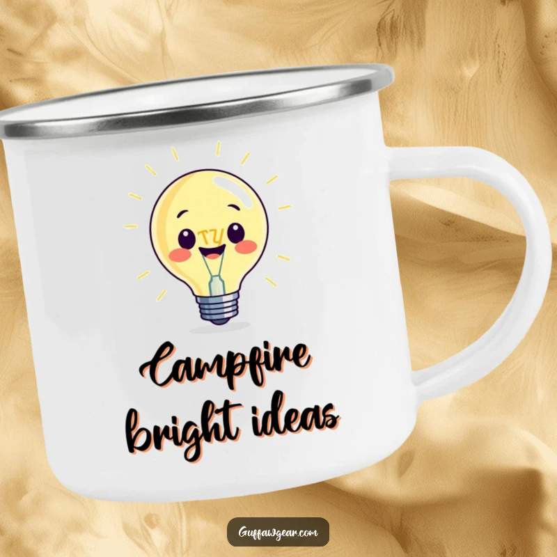 Funny camping mug with a beaming lightbulb character and an oversized filament, ideal for enjoying drinks during outdoor activities.
