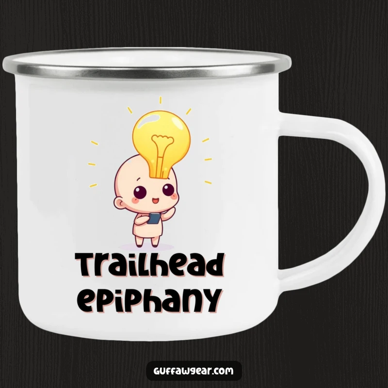 Funny lightbulb moment camping mug, depicting a character with a glowing lightbulb, perfect for enjoying beverages and sparking ideas outdoors.