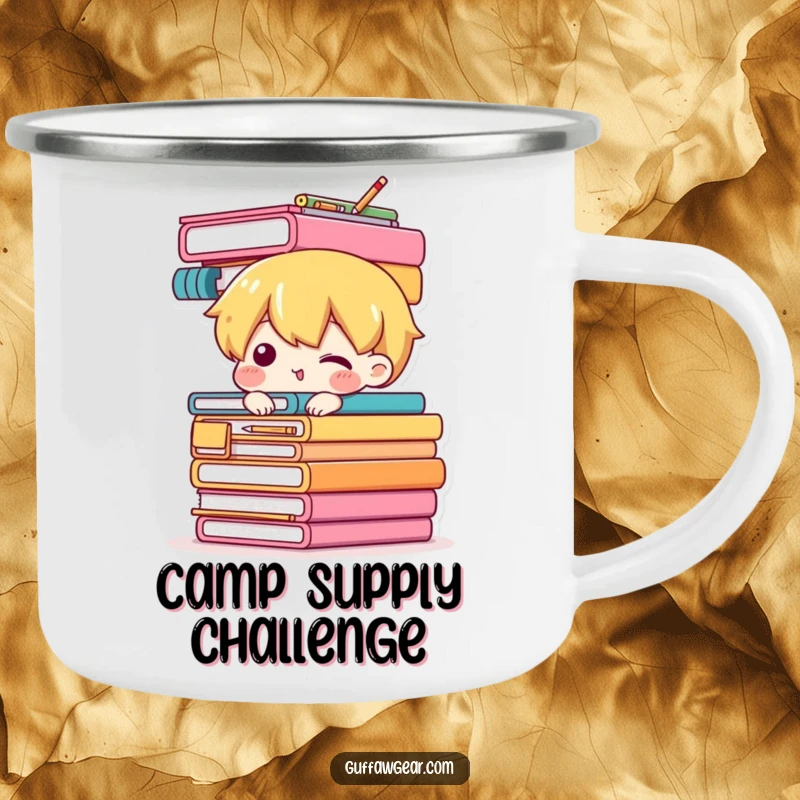 Funny camping mug showing a character attempting to balance a precarious stack of office supplies, a humorous design for outdoor enthusiasts with busy lives.