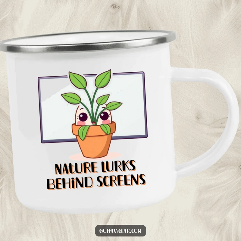 Funny camping mug with a surprised potted plant peeking from behind a computer monitor, ideal for outdoor or desk beverage enjoyment.