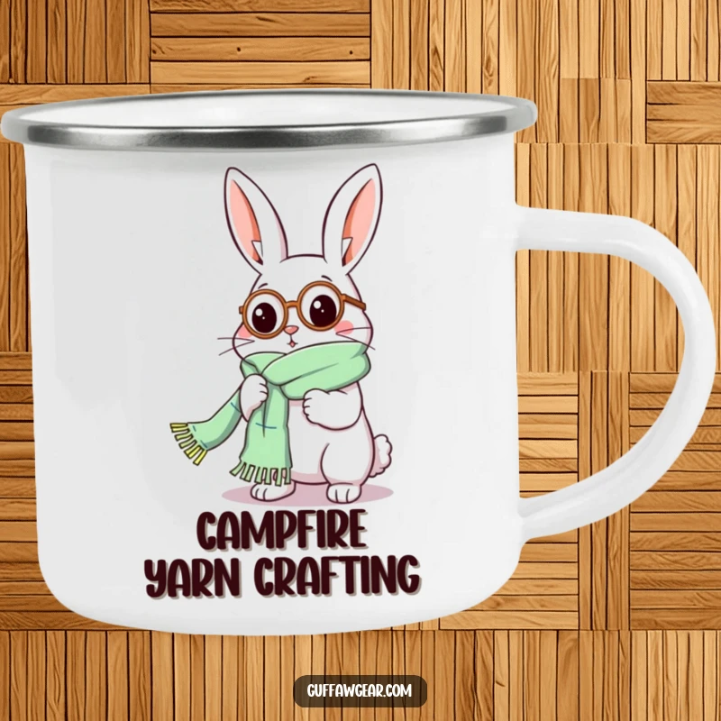 Funny Rabbit Camping Mug: A distinguished rabbit wearing a monocle comically knits a scarf that is far too long, for outdoor laughs.