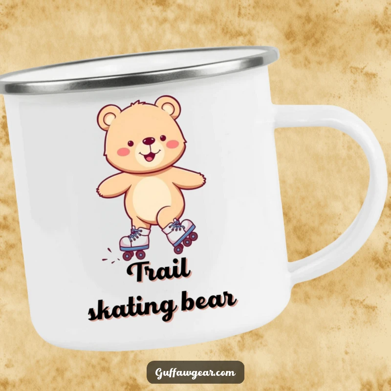 Funny camping mug with a smiling bear wearing roller skates, comically wobbling but happy, durable for outdoors.