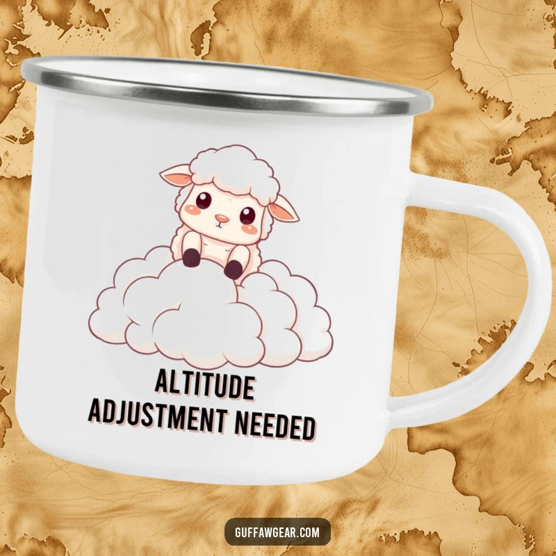 Funny camping mug depicting a sheep's dramatic fall into clouds, ideal for outdoor enthusiasts who enjoy humorous gear.