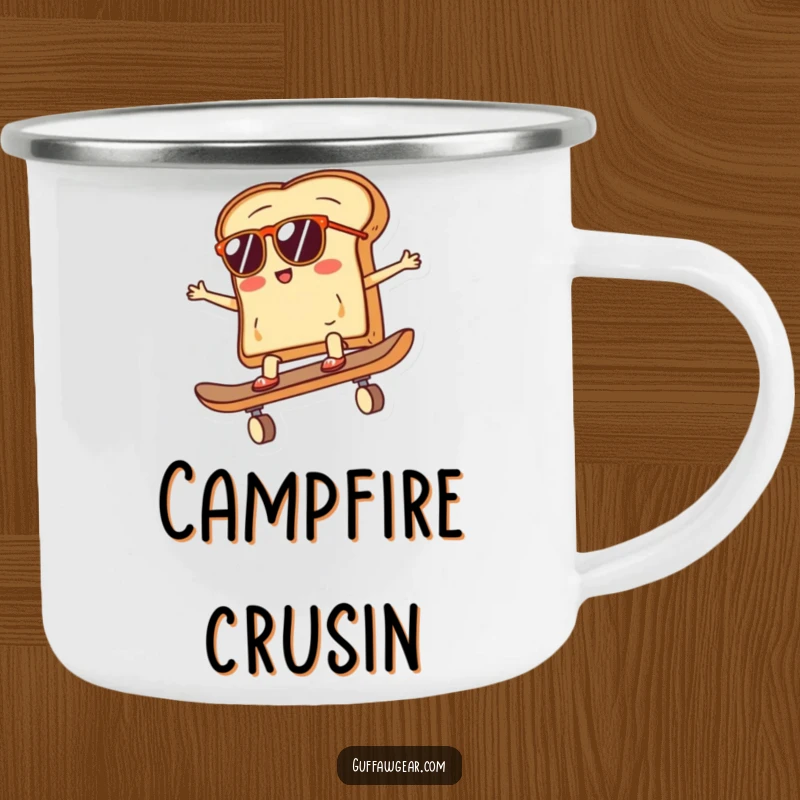 Funny camping mug showing a slice of toast with sunglasses riding a skateboard, designed for durability and bringing humorous cool vibes outdoors.