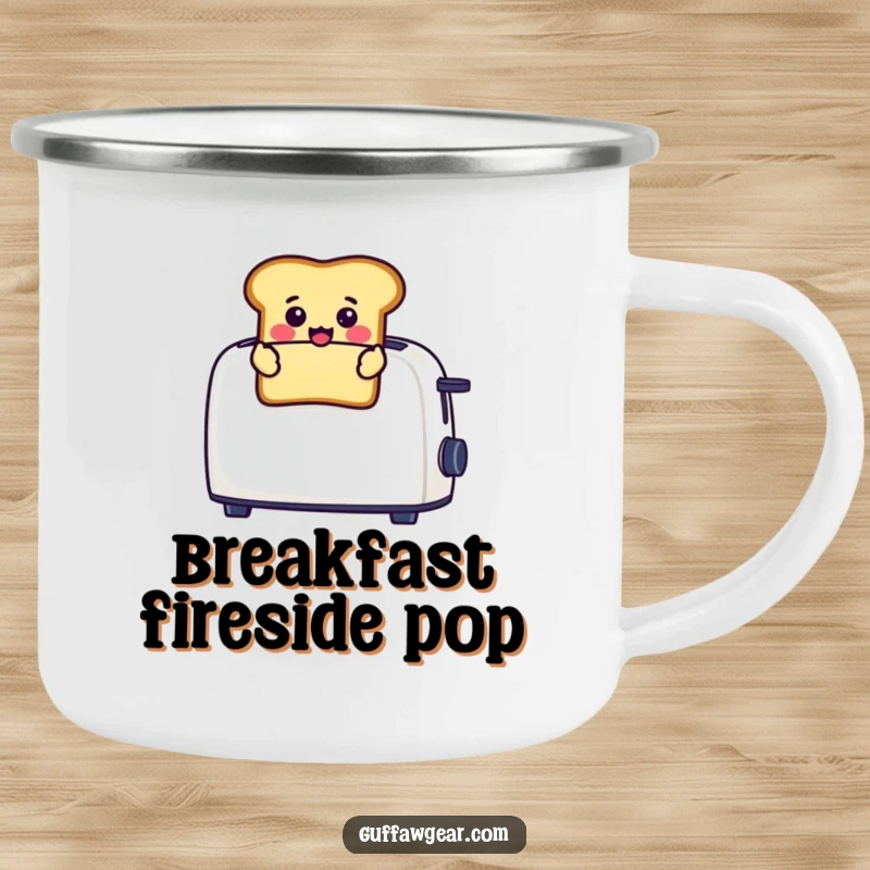 Funny enamel camping mug showing a cheerful toast character popping out of a toaster with a surprised expression, for morning sips.