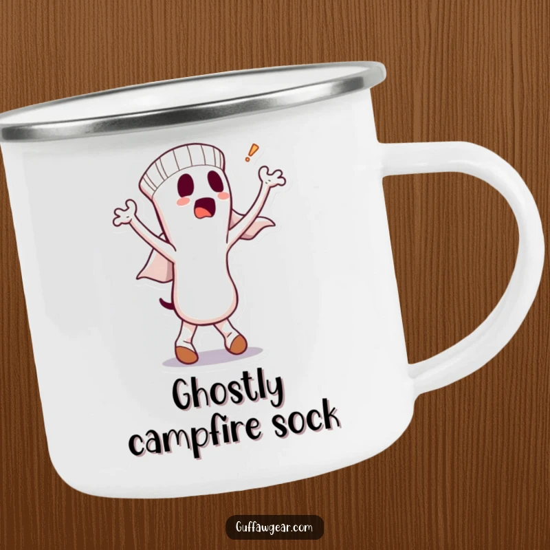 Funny camping mug with a dancing sock character and a bewildered ghost, perfect for outdoor enthusiasts who enjoy humor and hot beverages.