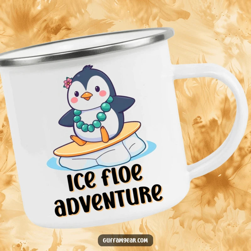 Funny Penguin Ice Surf Camping Mug: A penguin with a lei comically slides down an ice floe, ideal for humorous outdoor adventures.