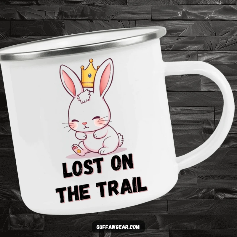 Funny Rabbit Camping Mug showing a cute rabbit wearing a tiny crown, hilariously tripping over its ears, perfect for outdoor drinks.