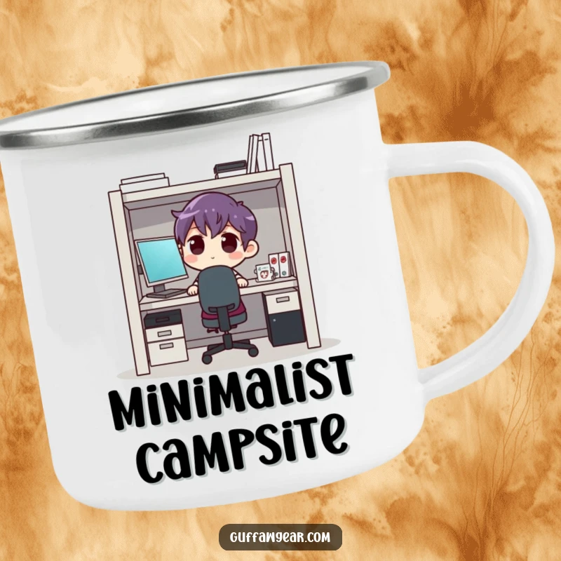 Funny cubicle struggle camping mug, showing a character comically squeezed into a tiny space, perfect for enjoying beverages anywhere.
