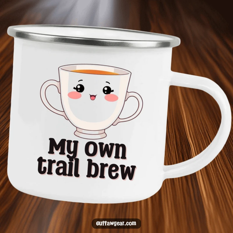 Funny camping mug showing a teacup with a cute face, adorably and comically trying to drink from its own handle, ideal for outdoor sips.