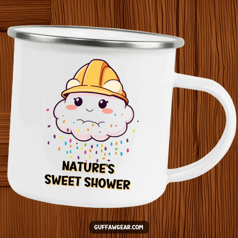Funny Camping Mug featuring a cloud with a construction helmet, raining colorful sprinkles, ideal for outdoor lovers who enjoy cheerful themes.