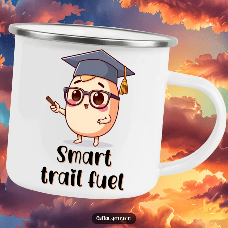 Funny camping mug featuring a food character with a graduation cap and spectacles, lecturing, embodying a smart and educational vibe.