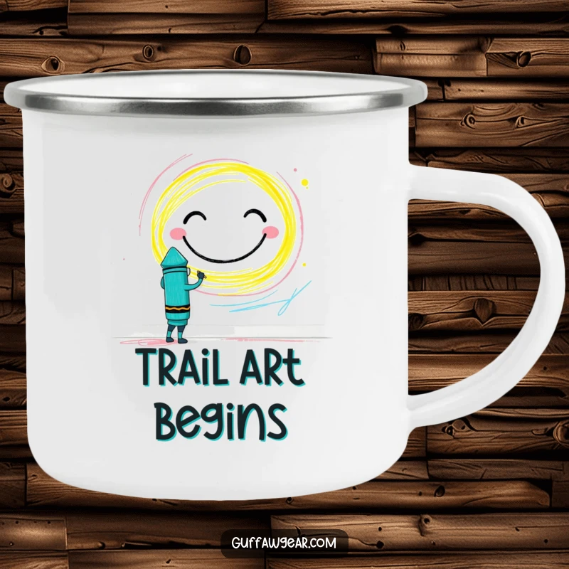 Funny Crayon Camping Mug: A brave crayon character drawing a giant smiley face on a wall, perfect for outdoor art.
