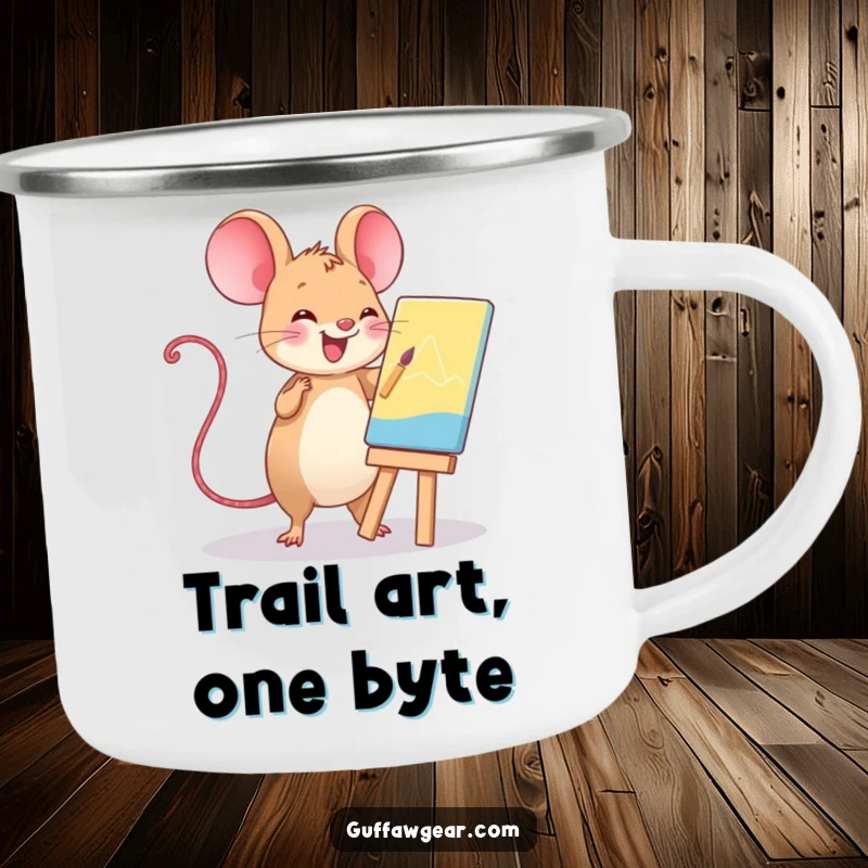 Funny Kawaii computer mouse painting a masterpiece, a humorous enamel camping mug for outdoor use.