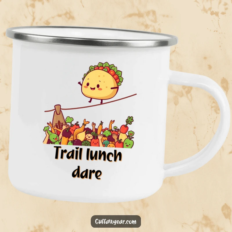 Funny Camping Mug featuring a smiling taco on a tightrope above cheering vegetables, tough and humorous.