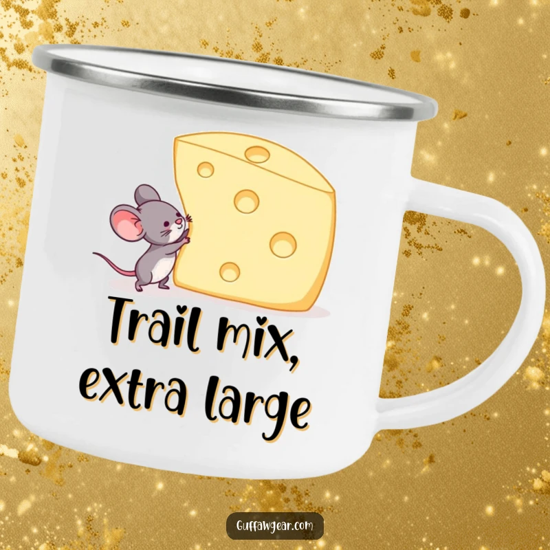 Funny camping mug with a mouse lifting a huge Swiss cheese, symbolizing strength and humor for the adventurous spirit.