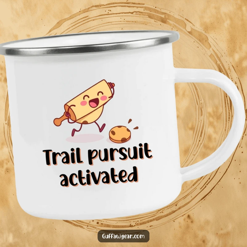 Funny camping mug with a rolling pin character chasing a cookie, ideal for enjoying drinks during baking-themed adventures.