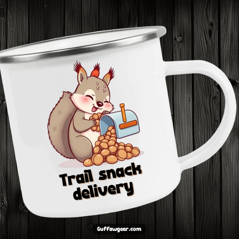 Funny Squirrel Camping Mug: A determined squirrel comically tries to fit nuts into a tiny mailbox, for outdoor laughs.