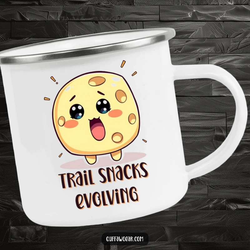 Funny Cheese Camping Mug: A surprised piece of cheese character with holes rapidly appearing, perfect for outdoor cheese humor.