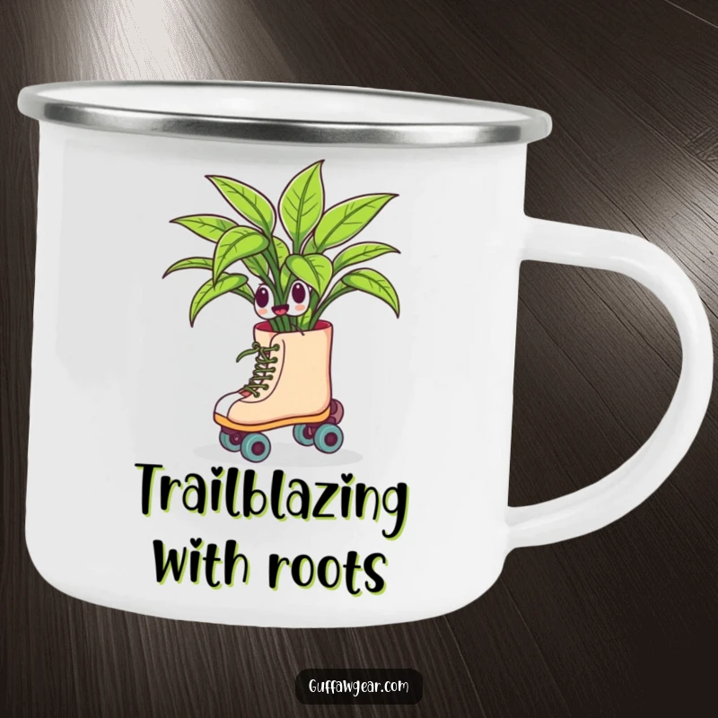 Funny camping mug depicting a houseplant on roller skates, comically swerving with a humorous and energetic vibe, perfect for outdoor beverage enjoyment.
