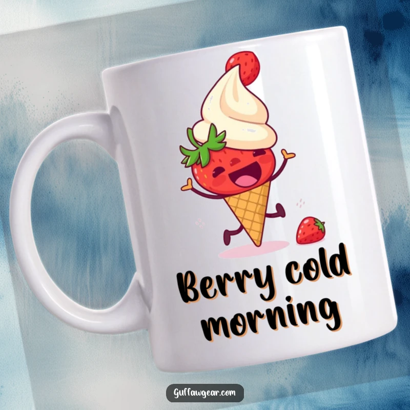 Funny mug featuring a startled strawberry running from a laughing ice cream cone, illustrating a comical chase and dessert-related humor.