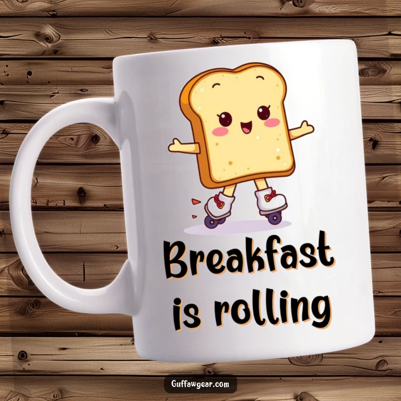 Funny Kawaii toast wearing roller skates attempting a spin, a humorous mug for breakfast lovers.