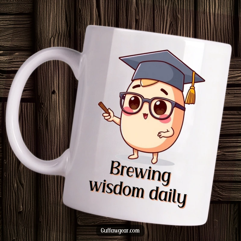 Funny mug featuring a food character in a graduation cap and spectacles, lecturing with an air of academic authority.