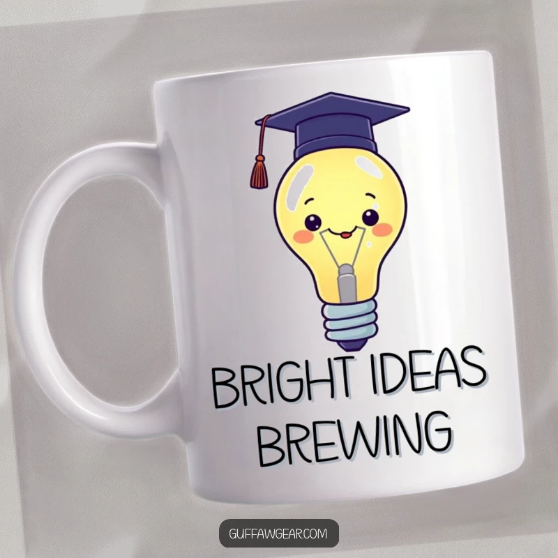 Funny Kawaii mug featuring a proud lightbulb character wearing a tiny graduation cap, symbolizing intelligence and success.