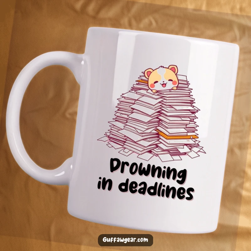 Funny mug featuring an animal character tripping over a huge pile of paperwork, looking flustered and overwhelmed, a relatable office humor scene.