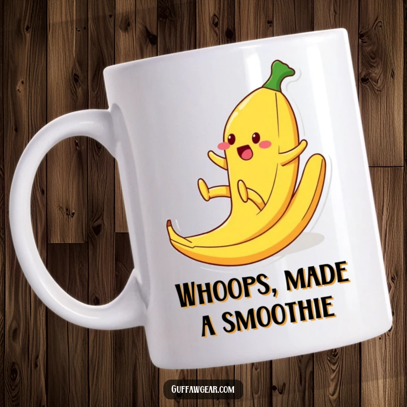 Funny mug showing a food character comically slipping on a banana peel, legs flailing wildly in the air, a depiction of chaotic slapstick humor.
