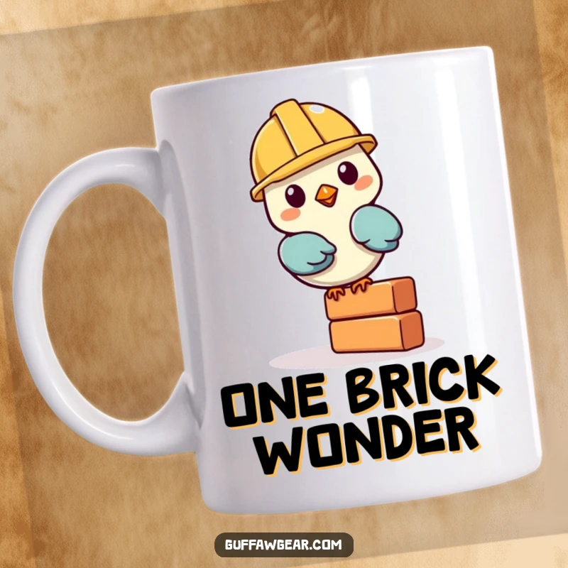 Funny Bird Builder Mug: A cute bird in a tiny hard hat wobbles with a single brick, looking determined yet clumsy.