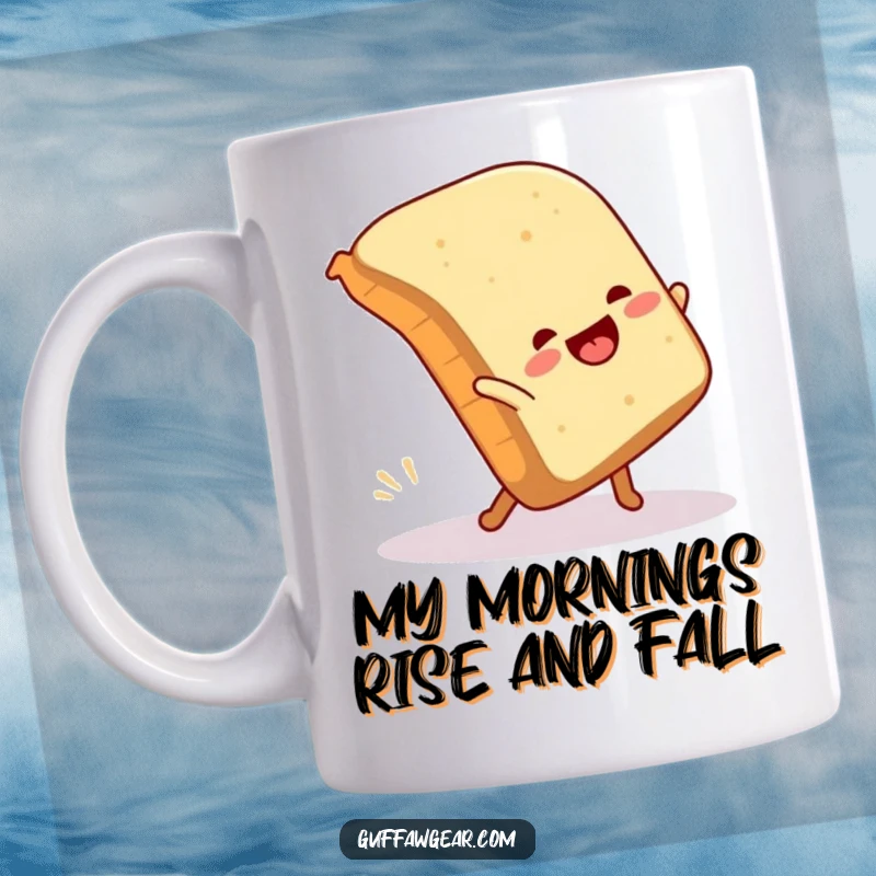Funny mug showing a loaf of bread joyfully attempting a cartwheel and hilariously falling over, a comical mishap.