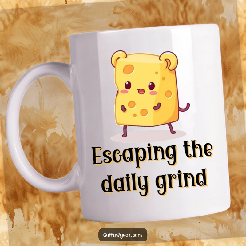 Funny mug showing a comical piece of cheese with legs frantically trying to escape a comically small mouse trap, highlighting a humorous chase.