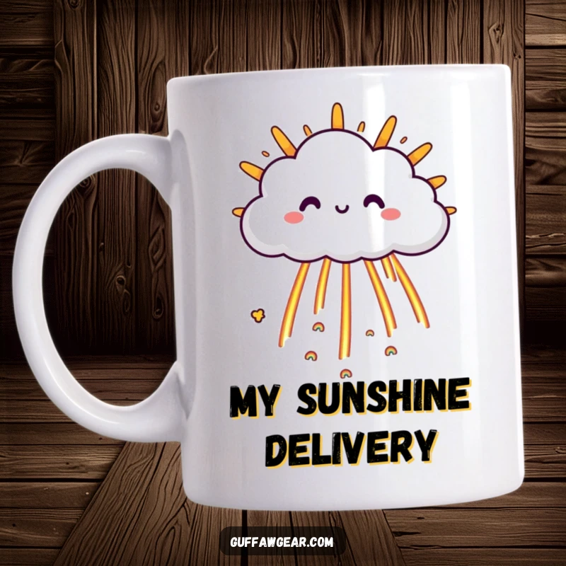 Funny Cloud Mug: A happy cloud character raining tiny rainbows onto a grumpy sun, symbolizing joy over gloom.