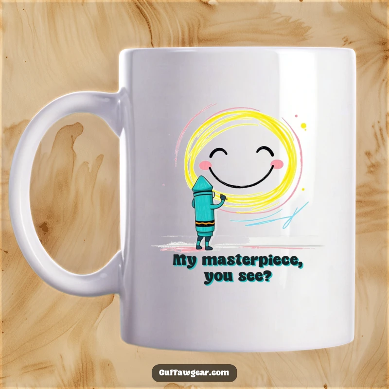 Funny Crayon Mug: A brave crayon character joyfully drawing a massive smiley face on a white wall, spreading happiness.