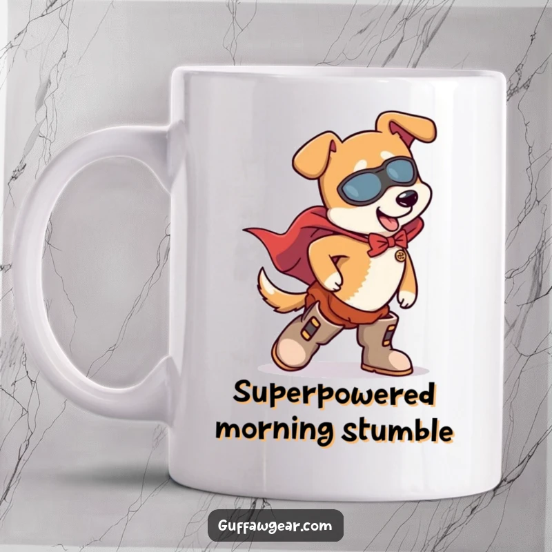 Funny Dog Superhero Mug: A dog in a cape comically trips over its own oversized boots while trying to be heroic.