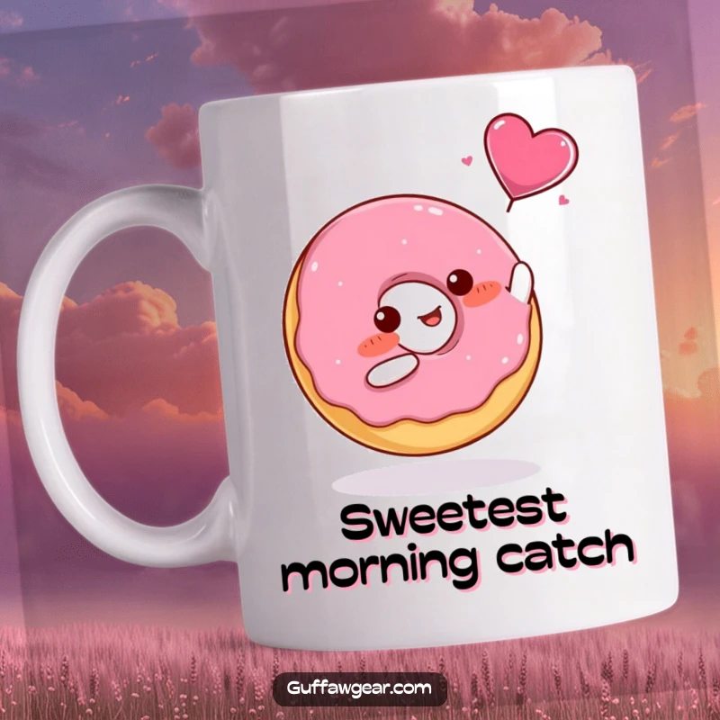 Funny Mug showing a blushing donut trying to catch a flying candy heart, a sweet and humorous gift.