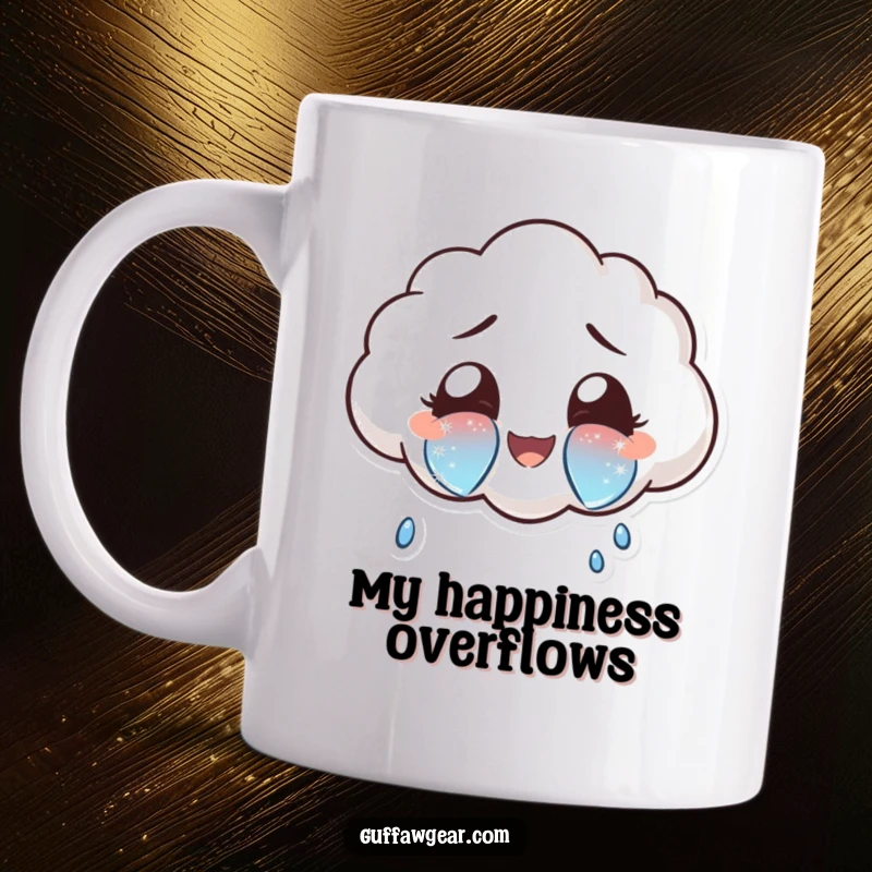 Funny cloud character crying oversized, sparkly tears of joy on a mug, symbolizing happiness and emotional release.