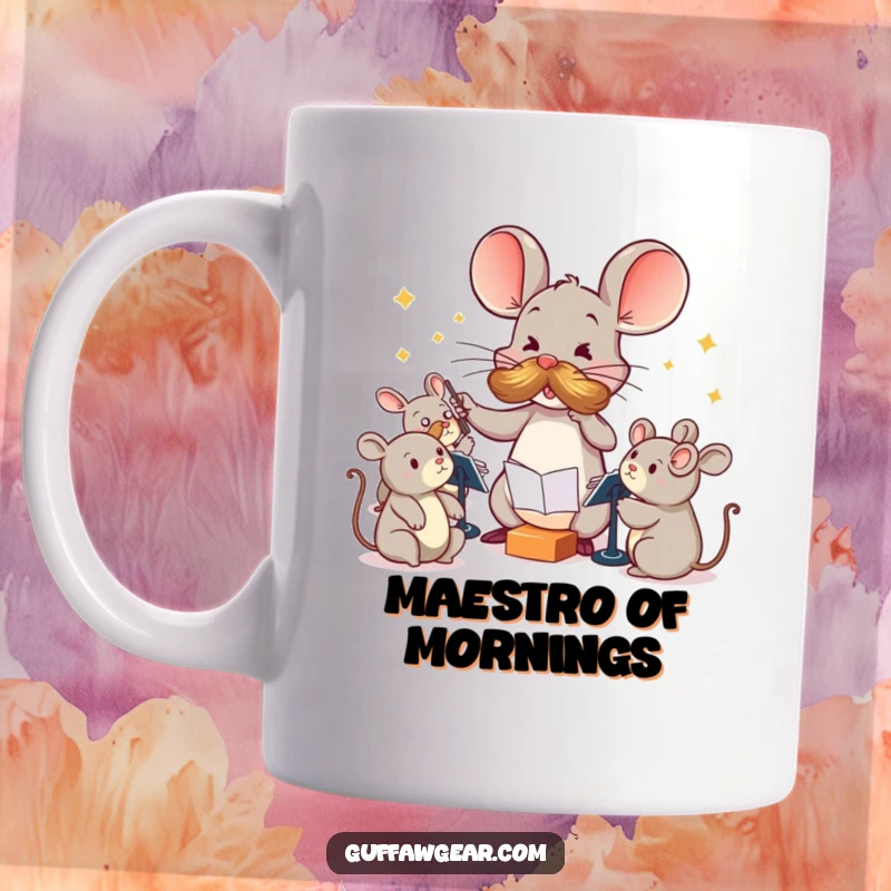 Funny Maestro Mouse Mug: A mouse with a large mustache comically conducts squeaking toys like an orchestra, detailed and humorous.