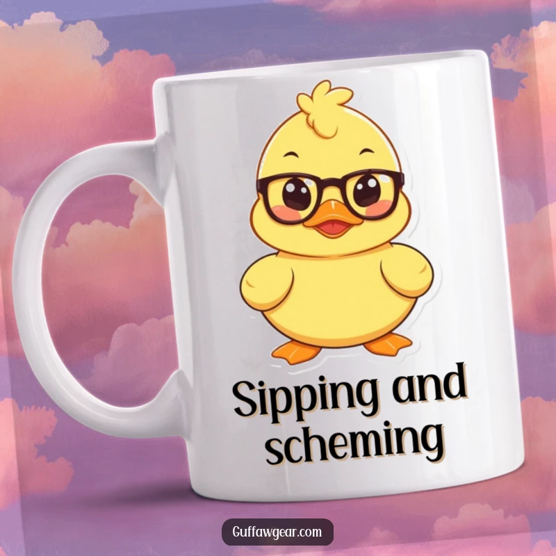 Funny mug with a mischievous rubber duck wearing tiny spectacles, looking thoughtful and plotting its next move.