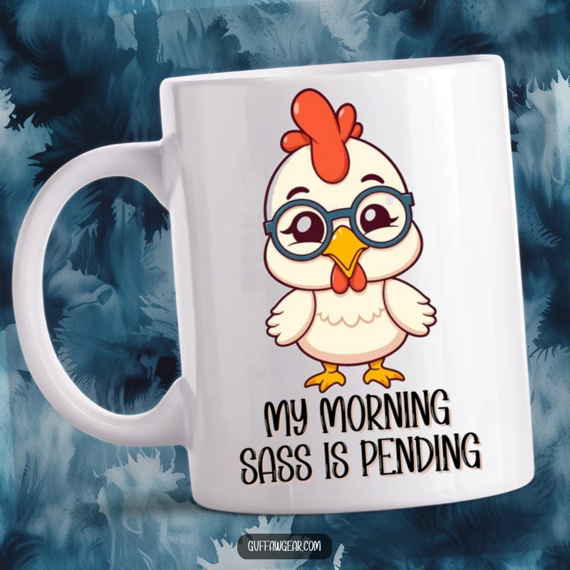 Funny rubber chicken with a monocle comically winking on a mug, exuding dapper, humorous sophistication for a delightful start.