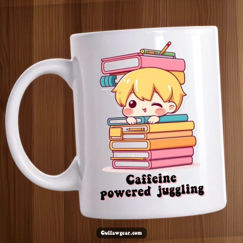 Funny mug showing a character attempting to balance a tall, precarious stack of office supplies, looking focused but wobbly, a humorous depiction of workplace challenges.