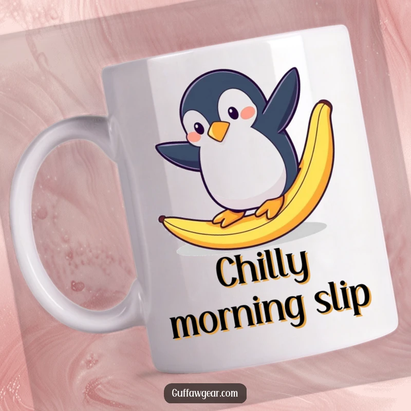 Funny mug showing a penguin mid-air, dramatically slipping on a banana peel with a shocked expression.