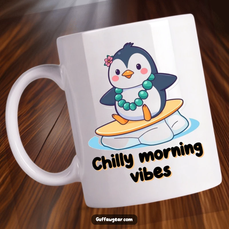 Funny Penguin Surf Fail Mug: A penguin in a lei comically slides down an ice floe, mistaking it for a surfboard, a funny scene.