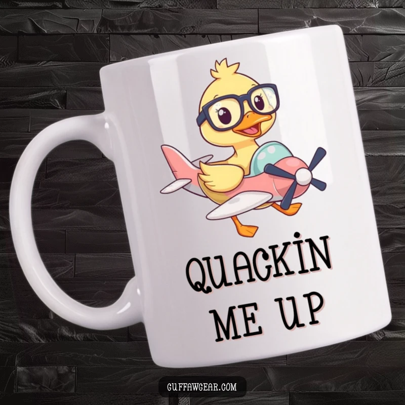Funny mug featuring a duck wearing oversized glasses, comically struggling to fly a tiny airplane, great aviation humor gift.