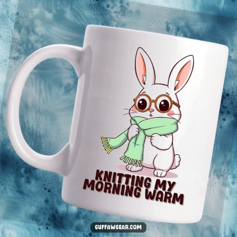 Funny Rabbit Mug: A distinguished rabbit wearing a monocle comically struggles to knit a scarf that is far too long.