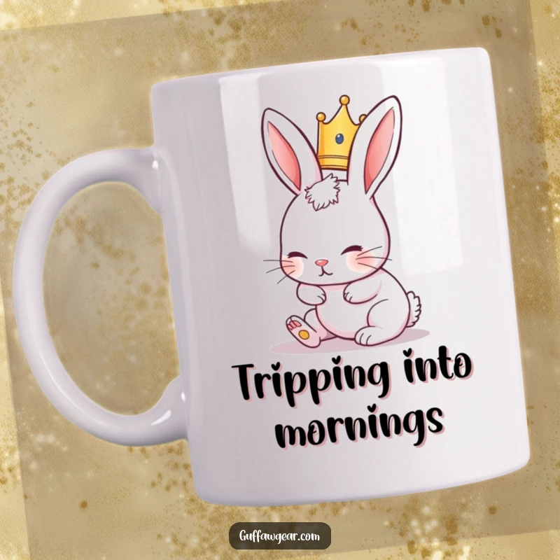 Funny Rabbit Mug depicting a cute rabbit wearing a tiny crown, hilariously tripping over its long ears.