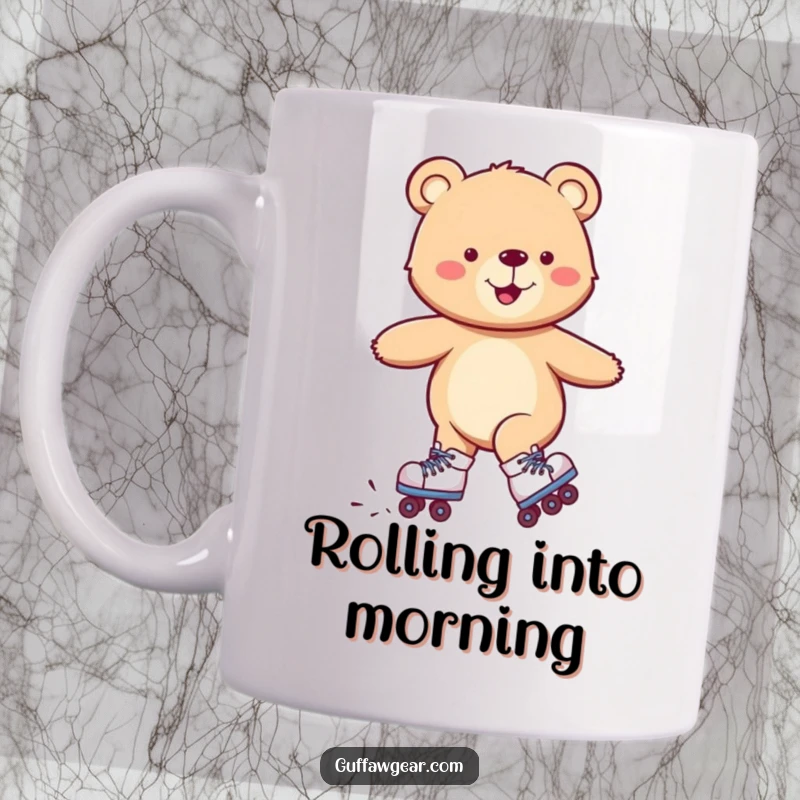 Funny mug featuring a happy bear wearing roller skates, comically wobbling but smiling, a humorous gift for skaters.