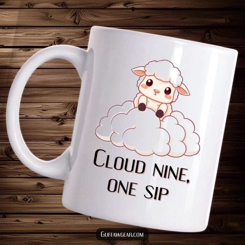 Funny mug showing a sheep dramatically falling into a soft, fluffy cloud pile, expressing comedic airborne adventure and joy.