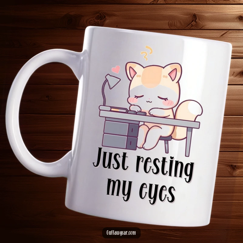 Funny sleeping fox at desk mug, pretending to nap with eyes closed, bringing much-needed humor to office life.